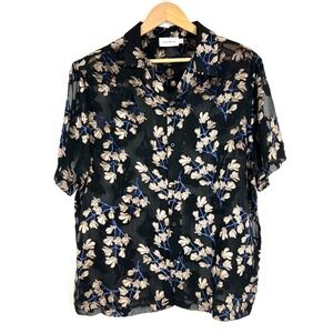 Topman Short Sleeve Button-Up Shirt Mens Size XL Black Blue Sheer‎ Floral Print